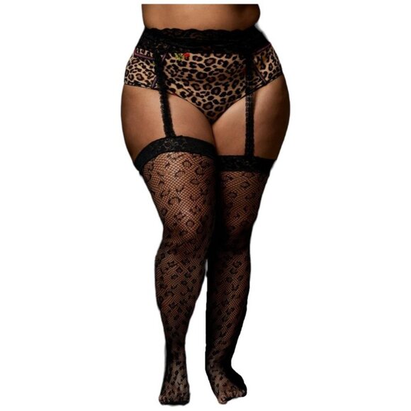 Torrid 3X 4X Betsey Johnson Leopard Fishnet Mock Faux Garter Belt Plus Tights - Picture 1 of 6